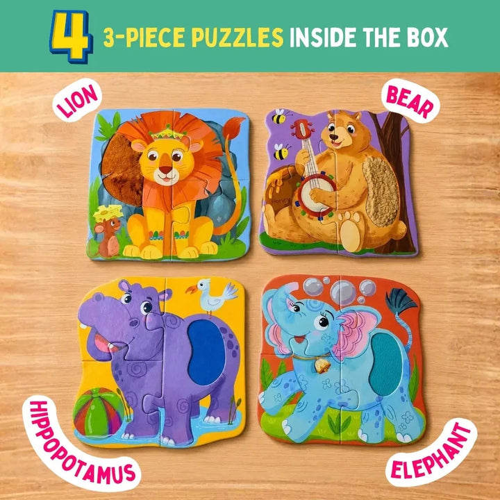 PepPlay My First Touch & Feel Puzzles - Wild Animals | Sensory Learning for Toddlers | 4 three-piece puzzles
