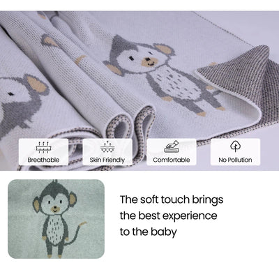 Premium Baby Blanket Knit 100% Cotton with Cute Animal Prints - Beige (Monkey Print)