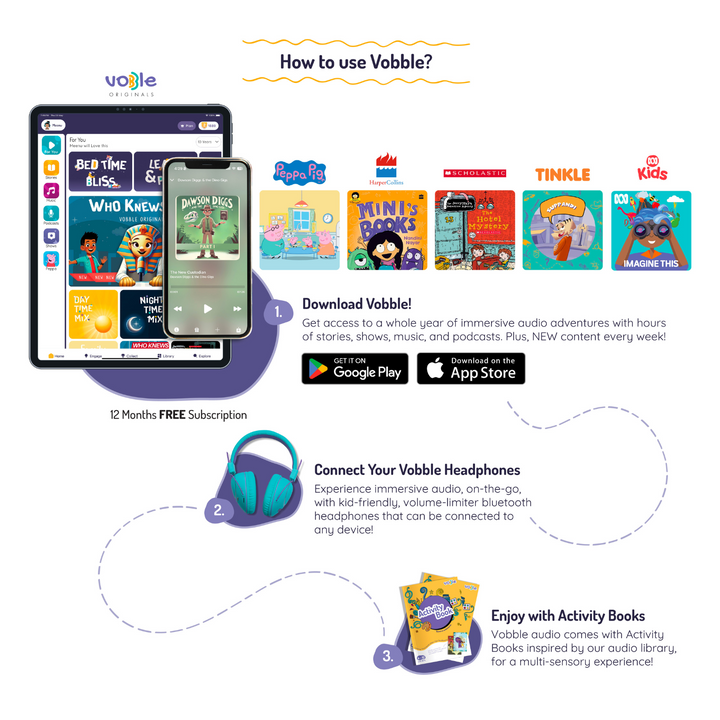 Vobble Kids Screen Free Audio Stories, Music, Adventure Bluetooth Headphones with Subscription Pack 12 Months (New Content Added Every Week), 4000+ Minutes of Content, 4 to 12 Years