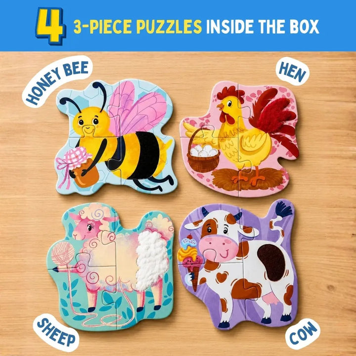 PepPlay My First Touch & Feel Puzzles - Farm Animals | Sensory Learning for Toddlers | 4 three-piece puzzles