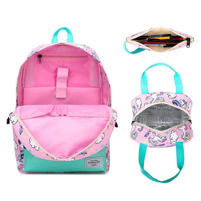 Clouds & Unicorns Matching Backpack with Lunch Bag & Stationery (Pouch Green & Pink)