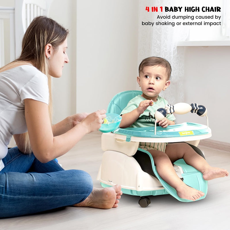 4 in 1 Nora Convertible High Chair for Kids with Adjustable Height and Footrest, Baby Toddler Feeding Booster Seat with Tray, Wheels, Safety Belt and Cushion