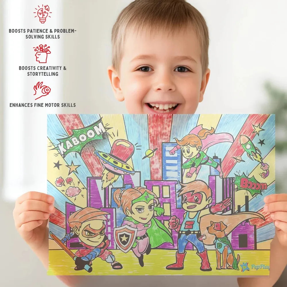 PepPlay Recolourables Colour & Wipe Placemats - Super Power | Reusable Wet-Erase Colouring
