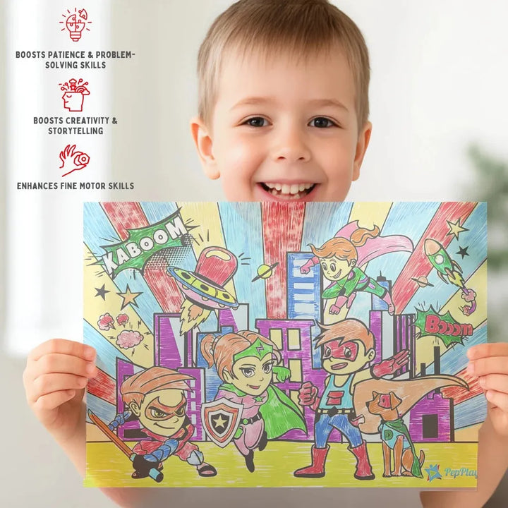 PepPlay Recolourables Colour & Wipe Placemats - Super Power | Reusable Wet-Erase Colouring