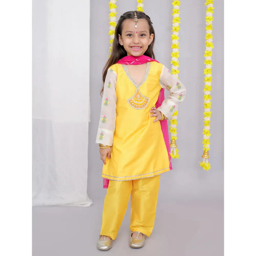The Wishing Closet Mustard White Chanderi Emb Kurta Set - 6 Months to 5 Years