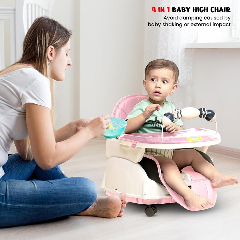 4 in 1 Nora Convertible High Chair for Kids with Adjustable Height and Footrest, Baby Toddler Feeding Booster Seat with Tray, Wheels, Safety Belt and Cushion