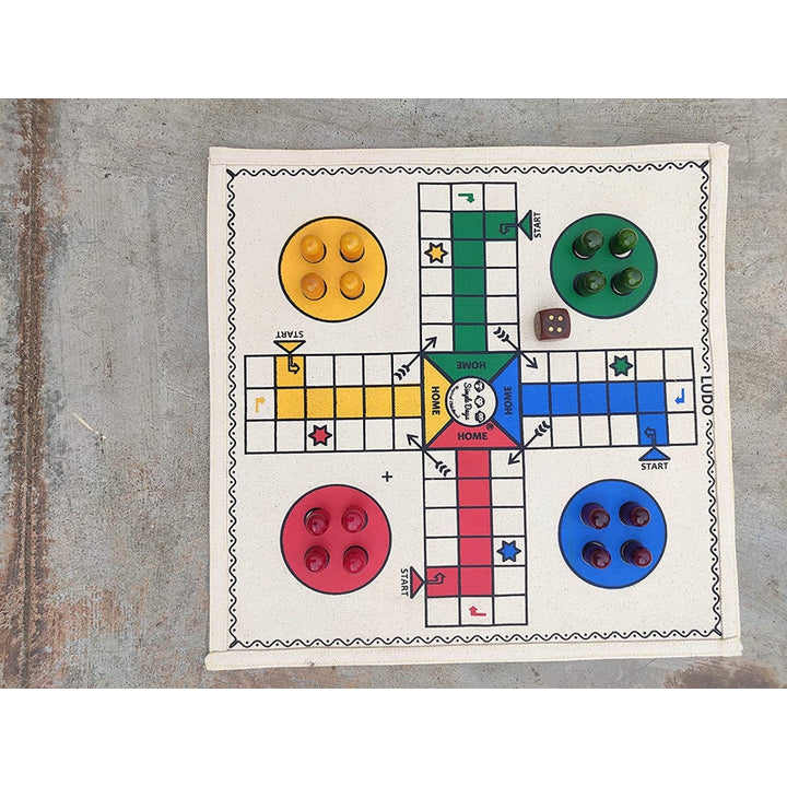 Ludo / Pachisi Board Game with Wooden Pawns and Dice (Hand Crafted Cloth Board )