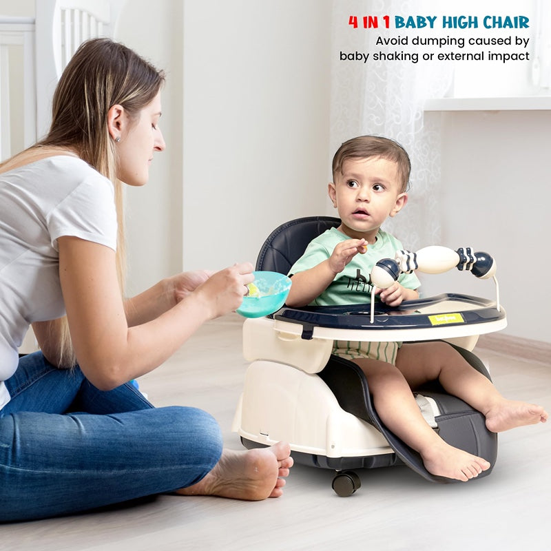 4 in 1 Nora Convertible High Chair for Kids with Adjustable Height and Footrest, Baby Toddler Feeding Booster Seat with Tray, Wheels, Safety Belt and Cushion