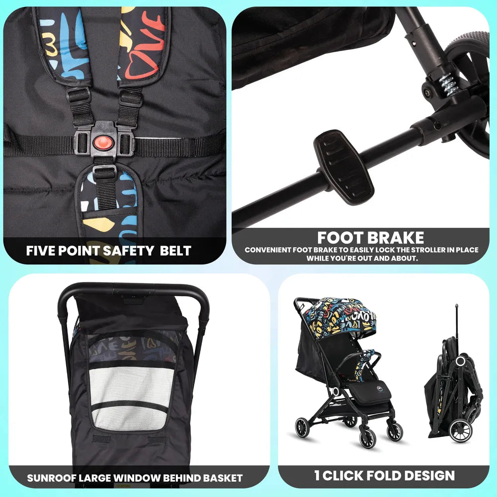 Tinyberg Baby Stroller with 5 Point Safety Belt | Upto 25 Kg | One Hand Fold | Cabin Stroller | Multiple Recline | FeatherLite