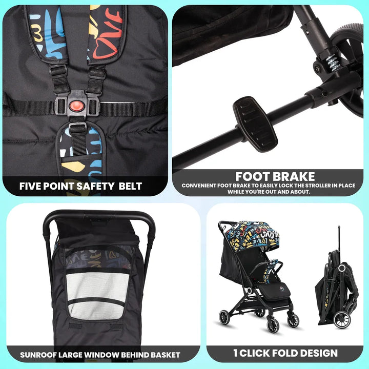 Tinyberg Baby Stroller with 5 Point Safety Belt | Upto 25 Kg | One Hand Fold | Cabin Stroller | Multiple Recline | FeatherLite
