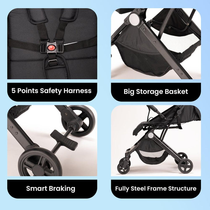 Tinyberg Baby Stroller with Shock Absorber Function | 360° Swivel Wheel | 5-Point Seat Belt and Large Storage Basket | Upto 25 Kg | B-wagon