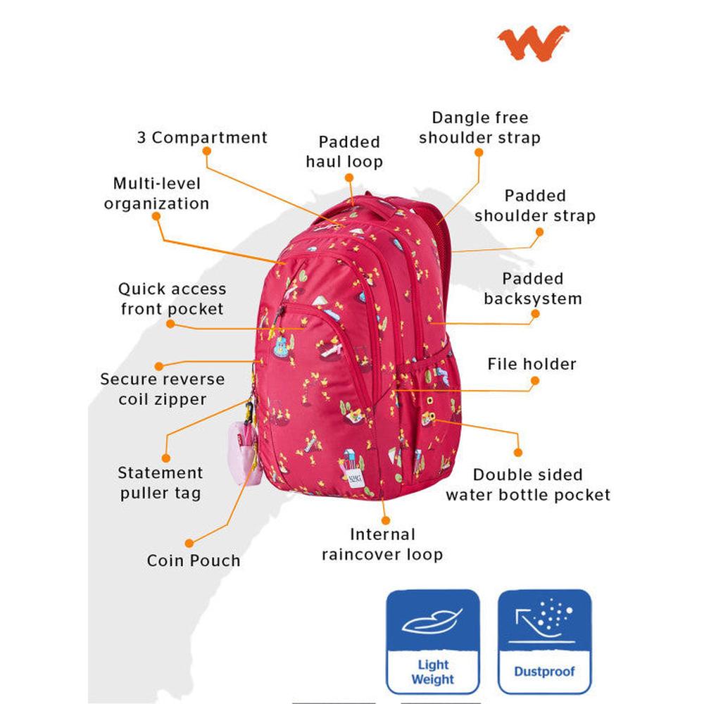 Wildcraft Girls 3 Compartments Backpack - Upto 23L | Duck Design - Red