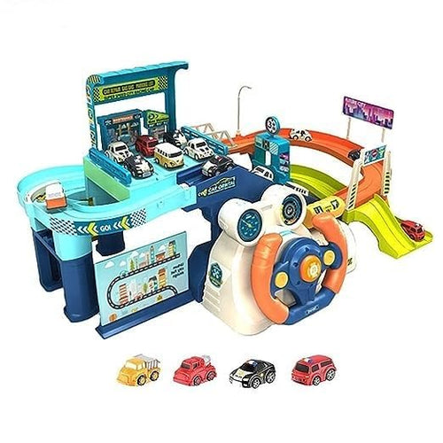 Urban Rail Transit Car Race Track Set with 4 Mini Cars | Adventure Parking Building Playset for Kids