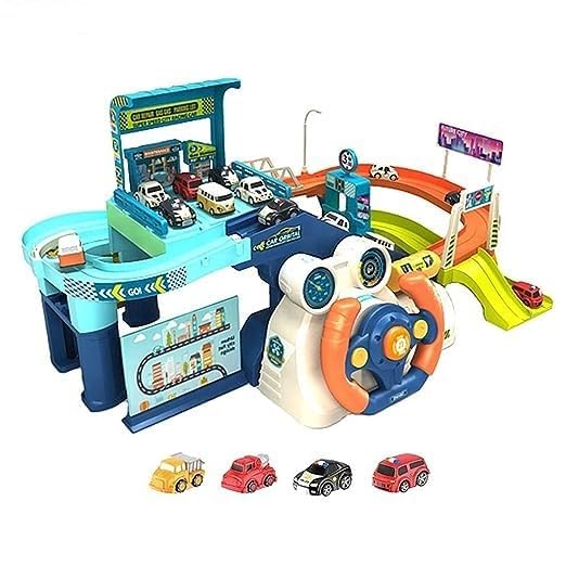 Urban Rail Transit Car Race Track Set with 4 Mini Cars | Adventure Parking Building Playset for Kids