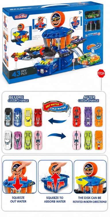 Six-Six-Zero Multi-Station Car Wash Facility Toy Playset | 43 Pieces | Colour Changing Alloy Cars