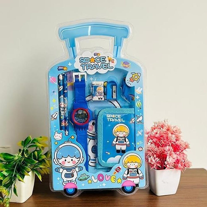 Stationery Gift Set for Kids | Digital Watch, Wallet Pouch, 2 Pencils, Eraser, Sharpener & Pencil Topper | Birthday Return Gift- 7 Pieces