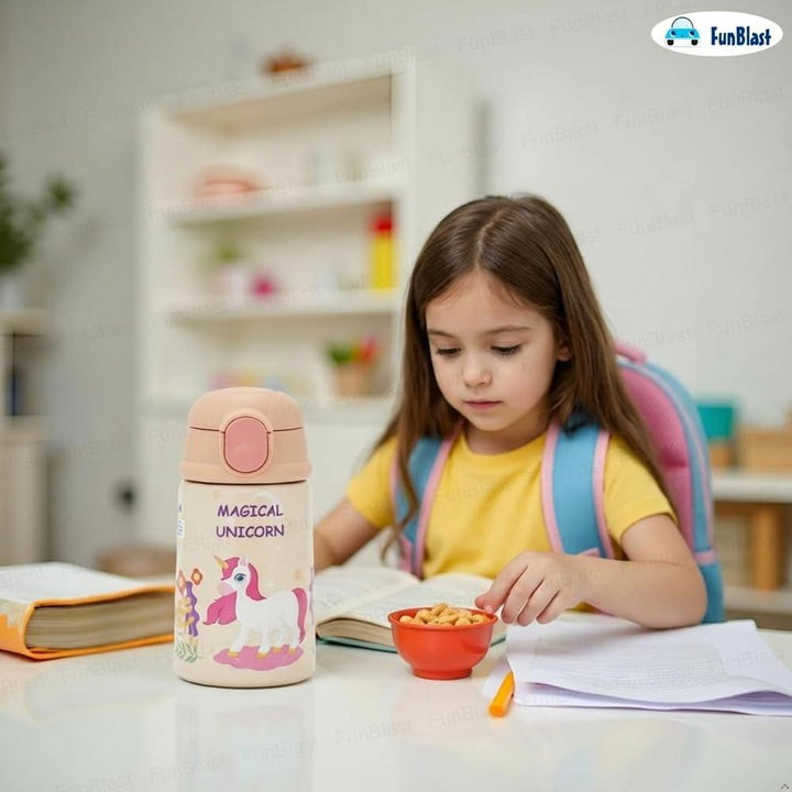 FunBlast Magical Unicorn Water Bottle for Kids | Insulated Stainless Steel Sipper Bottle with Straw | 300 ml
