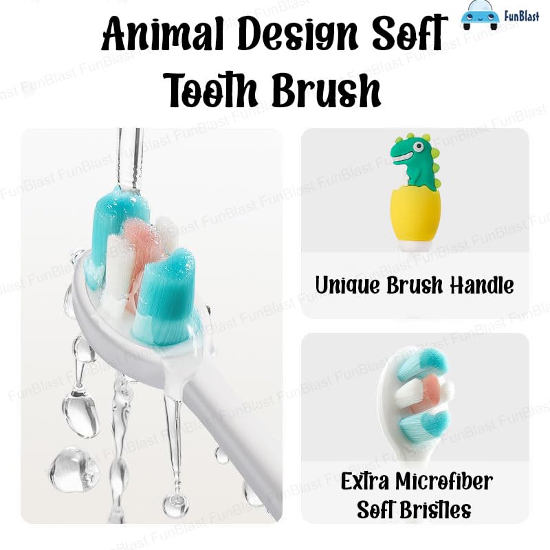 FunBlast Dinosaur Kids Toothbrush | Extra Soft Microfiber Bristle Animal Design Manual Toothbrush | Assorted Colour