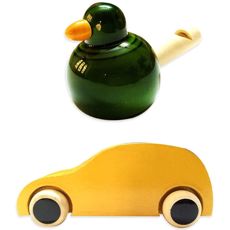 Handmade Non Toxic Channapatna Wooden Toy - Yellow Car and Green Whistle