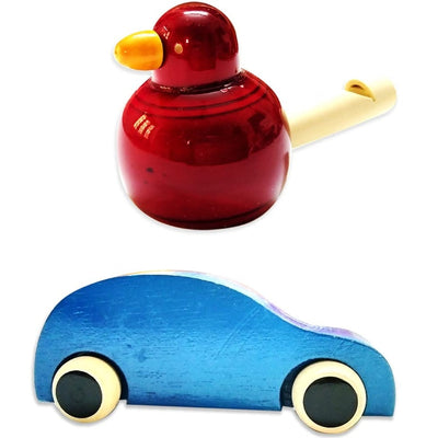 Handmade Non Toxic Channapatna Wooden Toy - Blue Car and Red Whistle