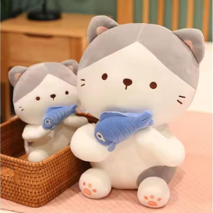 CuddleNest Adorable and Safe Fish Cat Plush Toy for Children - Grey