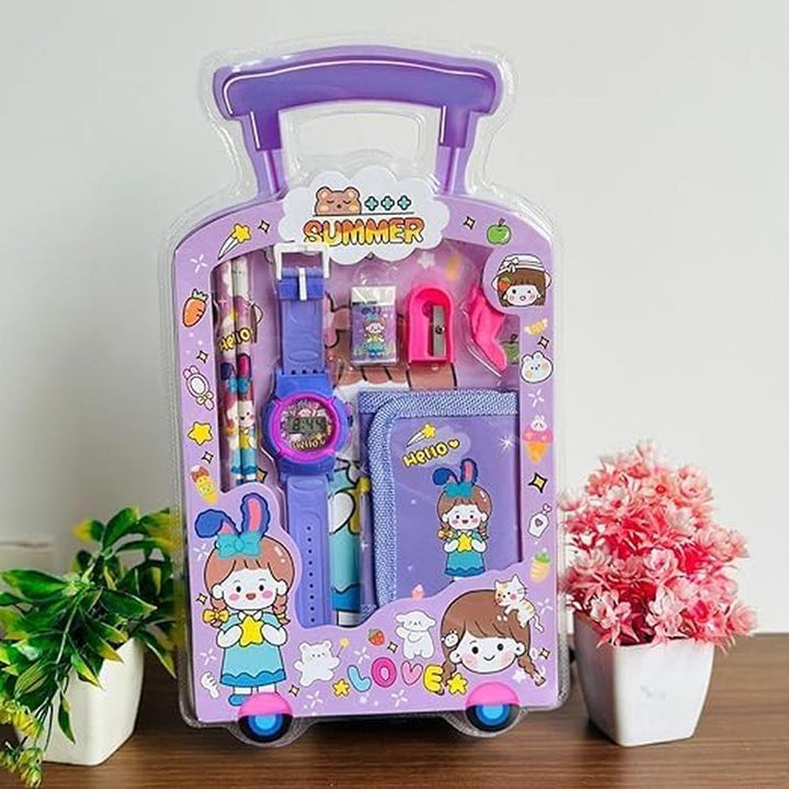 Stationery Gift Set for Kids | Digital Watch, Wallet Pouch, 2 Pencils, Eraser, Sharpener & Pencil Topper | Birthday Return Gift- 7 Pieces