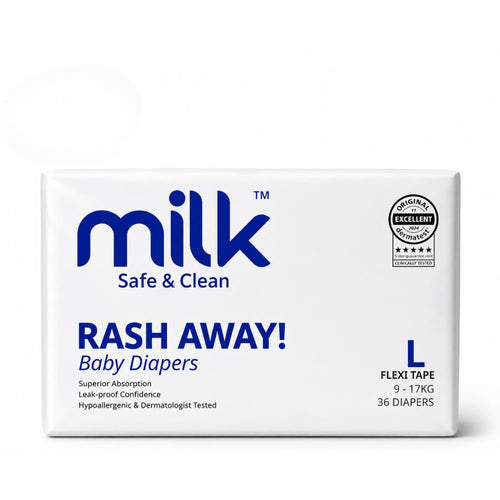Milk (Size L) Flexi Tape Baby Diapers | 36 Count | 9-17 kg | Rash Protection, Leak-Proof, Soft & Comfortable Diapers