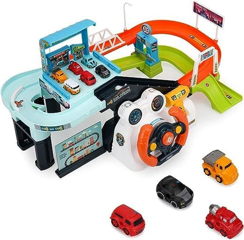 Urban Rail Transit Car Race Track Set with 4 Mini Cars | Adventure Parking Building Playset for Kids