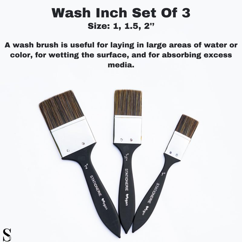 Set of 3 Flat Wash Inch Paint Brushes | Handmade Professional Artist Painting Brush Set for Acrylic & Gouache Painting with Brush Holder