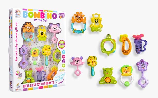 Ratna's Bombino Rattle Set | Pack of 10 Attractive Rattle for Newborns | Assorted colours