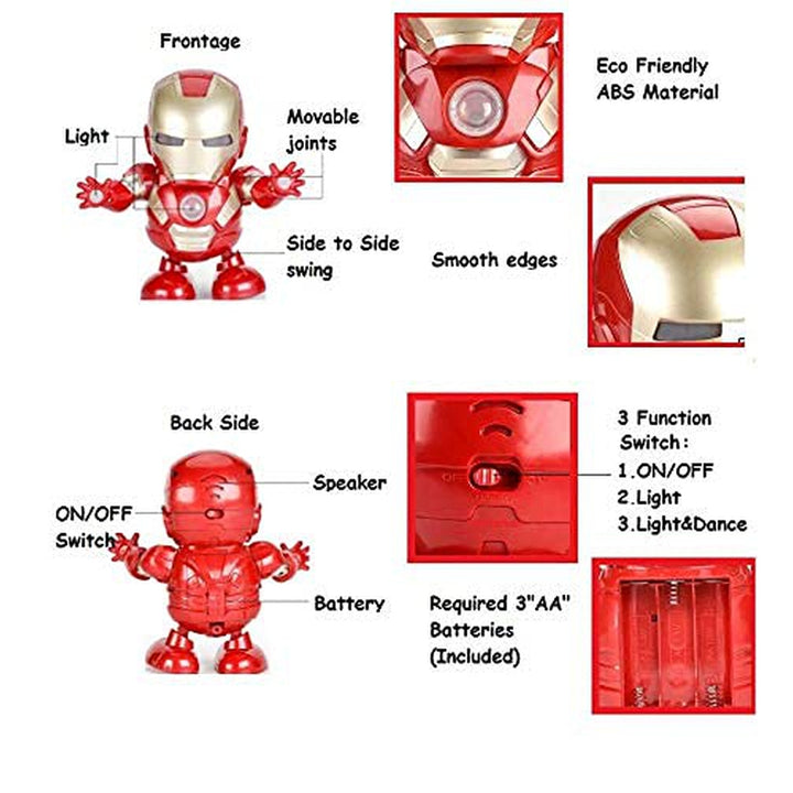 360 Degree Rotating Dancing Iron Man with Bump and Go Action, 3D Light Music and Dancing