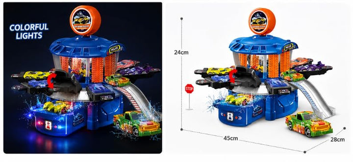Six-Six-Zero Multi-Station Car Wash Facility Toy Playset | 43 Pieces | Colour Changing Alloy Cars