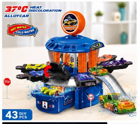 Six-Six-Zero Multi-Station Car Wash Facility Toy Playset | 43 Pieces | Colour Changing Alloy Cars