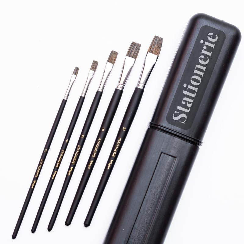 Set of 5 Flat Paint Brushes Set/Handmade Professional Artist Painting Brush Set for Acrylic, Watercolor, & Gouache Painting with Brush Holder