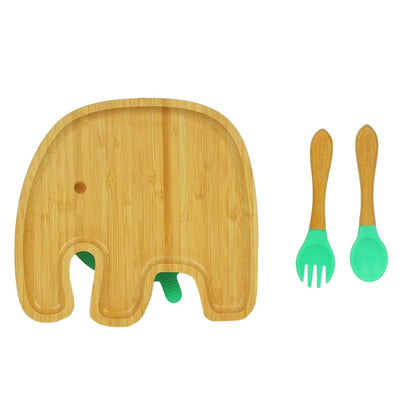 Jumbo Bamboo Suction Plates for Baby and Toddler | Weaning Spoon & Fork | Green