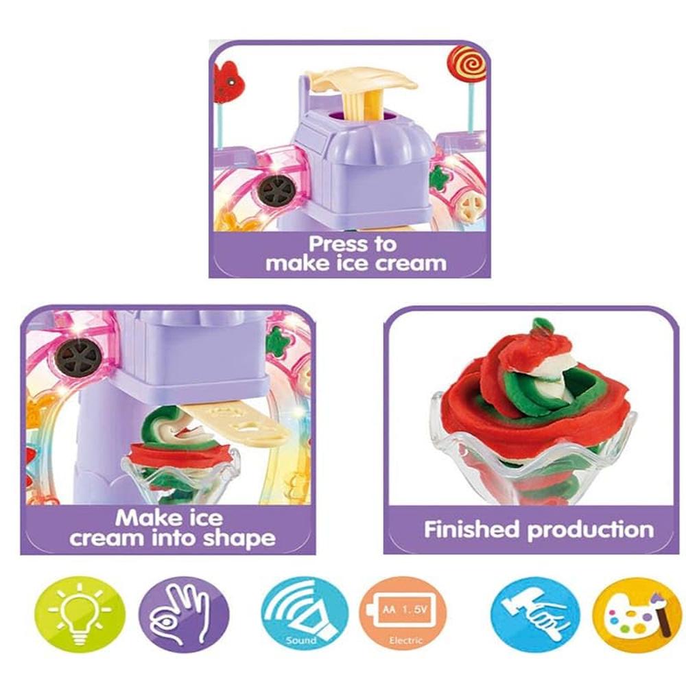 Music Ice Cream 3D Clay Dough Toy Play Set | Ice Cream Maker with Light & Music | Pretend Play Set for Kids | 19 Pieces