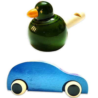 Handmade Non Toxic Channapatna Wooden Toy - Blue Car and Green Whistle