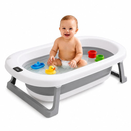 Mee Mee Mini Wash Baby Bath Tub with Digital Temperature Display | Foldable BPA-Free Infant Tub with Anti-Skid Base (Upto 18 Kg) | Grey