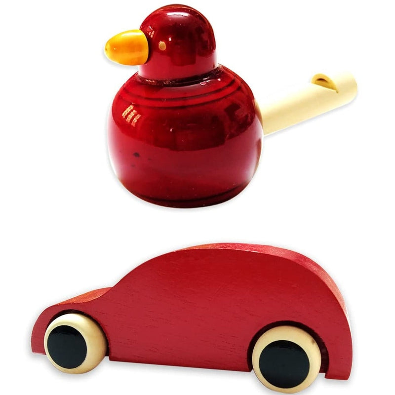 Handmade Non Toxic Channapatna Wooden Toy - Red Car and Red Whistle