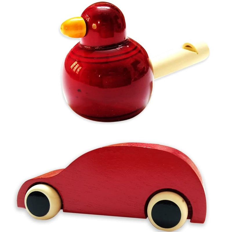 Handmade Non Toxic Channapatna Wooden Toy - Red Car and Red Whistle