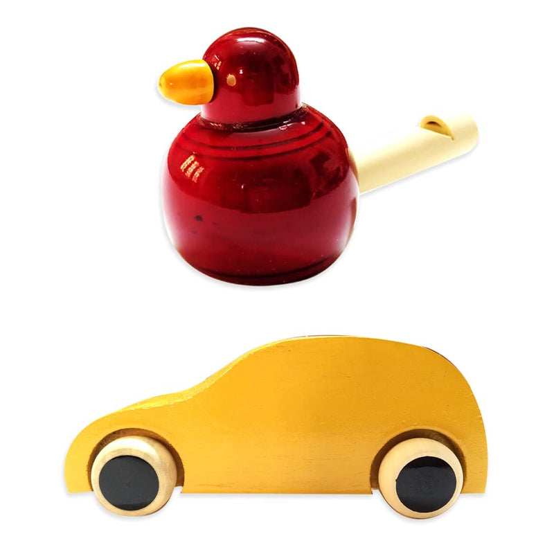 Handmade Non Toxic Channapatna Wooden Toy - Yellow Car and Red Whistle