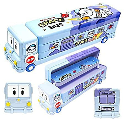 Cartoon Printed School Bus Metal Pencil Box with Moving Tyres and Sharpner (Blue-Pack of 1)