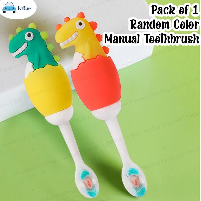 FunBlast Dinosaur Kids Toothbrush | Extra Soft Microfiber Bristle Animal Design Manual Toothbrush | Assorted Colour