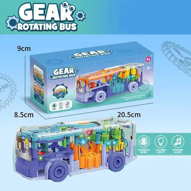 Transparent Gear School Mechanical Bus Concept Toys with 3D Colorful Light & Sound Effects 360 Degrees Rotating Simulation Vehicle