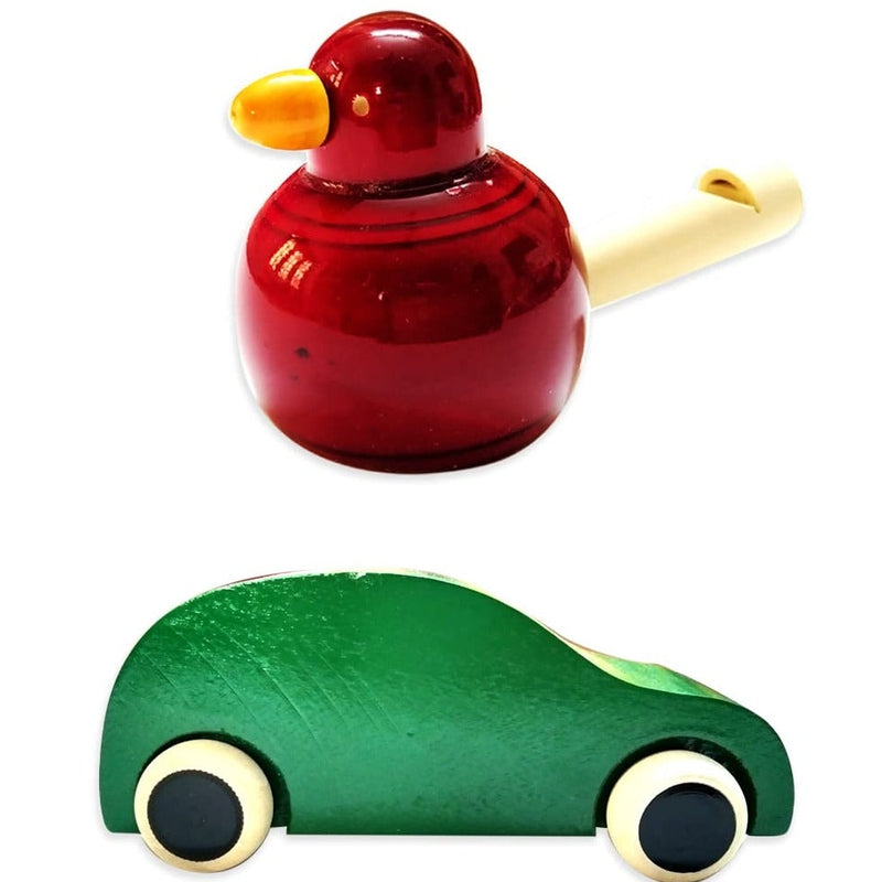 Handmade Non Toxic Channapatna Wooden Toy - Green Car and Red Whistle