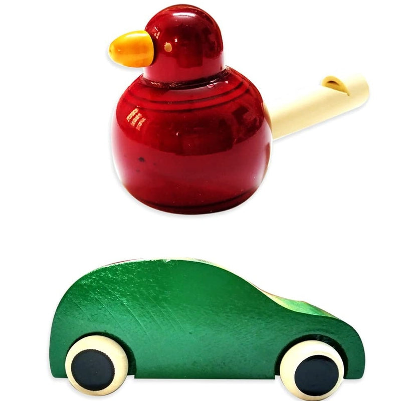 Handmade Non Toxic Channapatna Wooden Toy - Green Car and Red Whistle