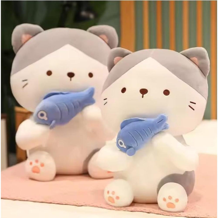 CuddleNest Adorable and Safe Fish Cat Plush Toy for Children - Grey