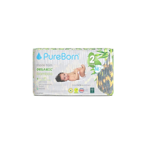 PureBorn Organic Bamboo (Size-2) Baby Disposable Diapers | 32 Pieces | 3-6 kgs