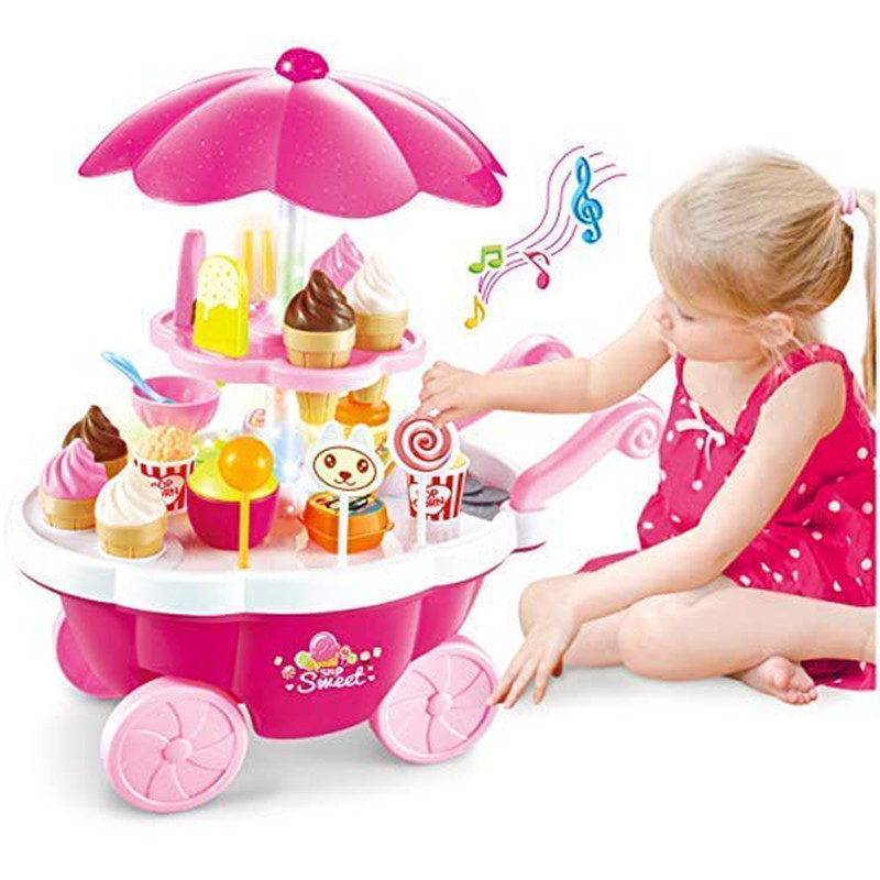 Luxury Supermarket Shop | Candy Sweet Shopping Cart | Ice Cream Role Playset With Light & Sound Effect (Pink)