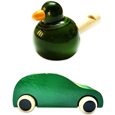 Handmade Non Toxic Channapatna Wooden Toy - Green Car and Green Whistle